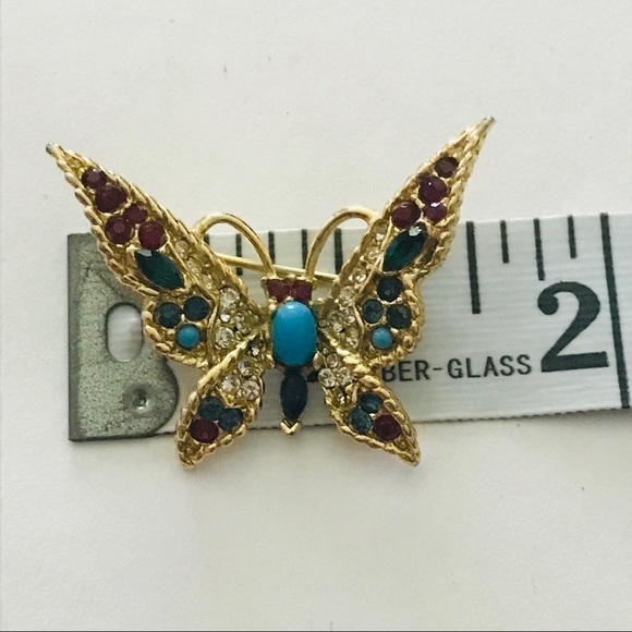 Vintage 80's Gold Plated Butterfly Brooch Pin with Crystals - Picture 6 of 8